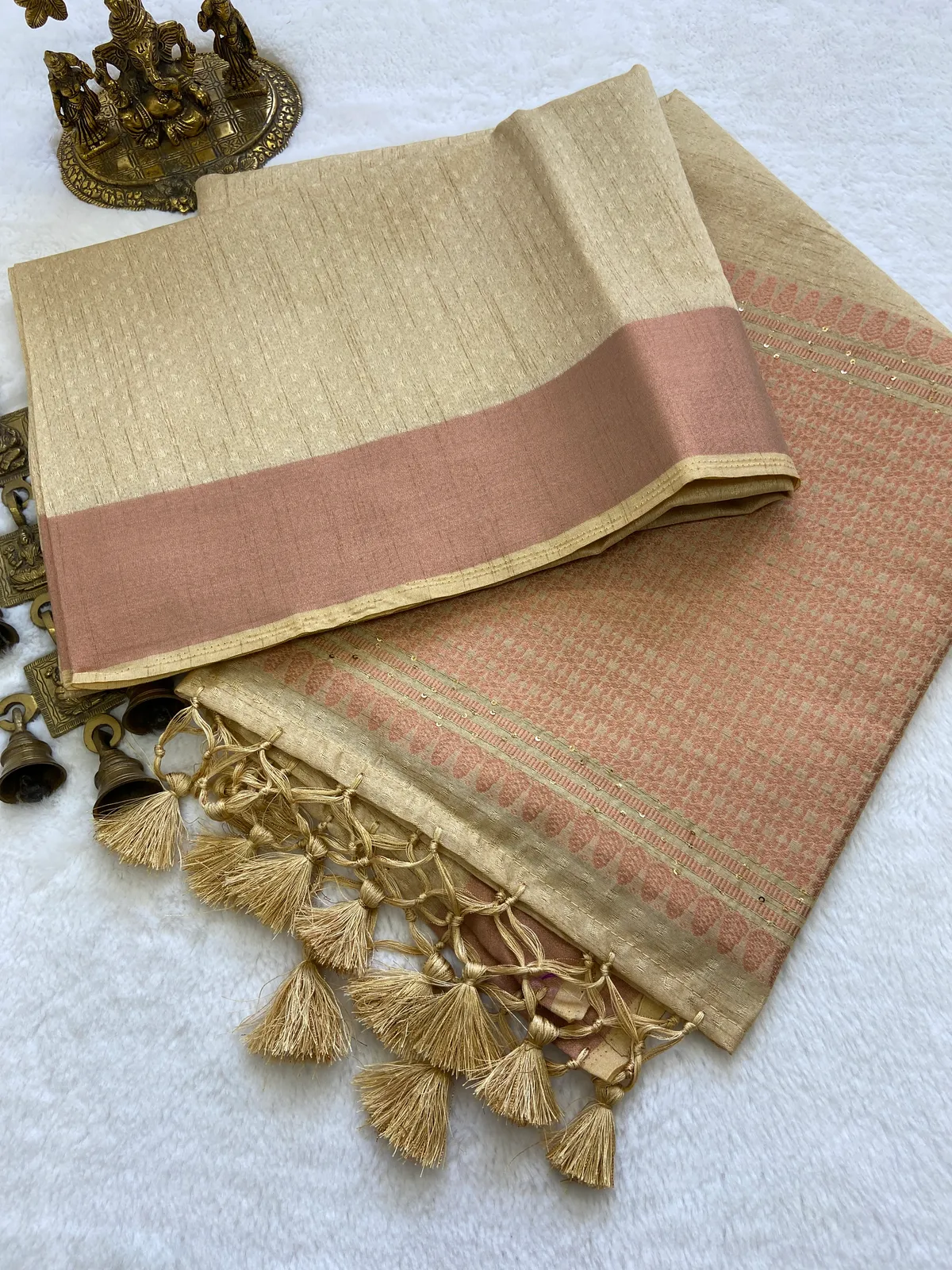 Veda Cream – Sacred Wedding Special | Soft Banarasi Silk Saree with Pallu Sequence Work, Gold Border & Running Blouse with Tassels