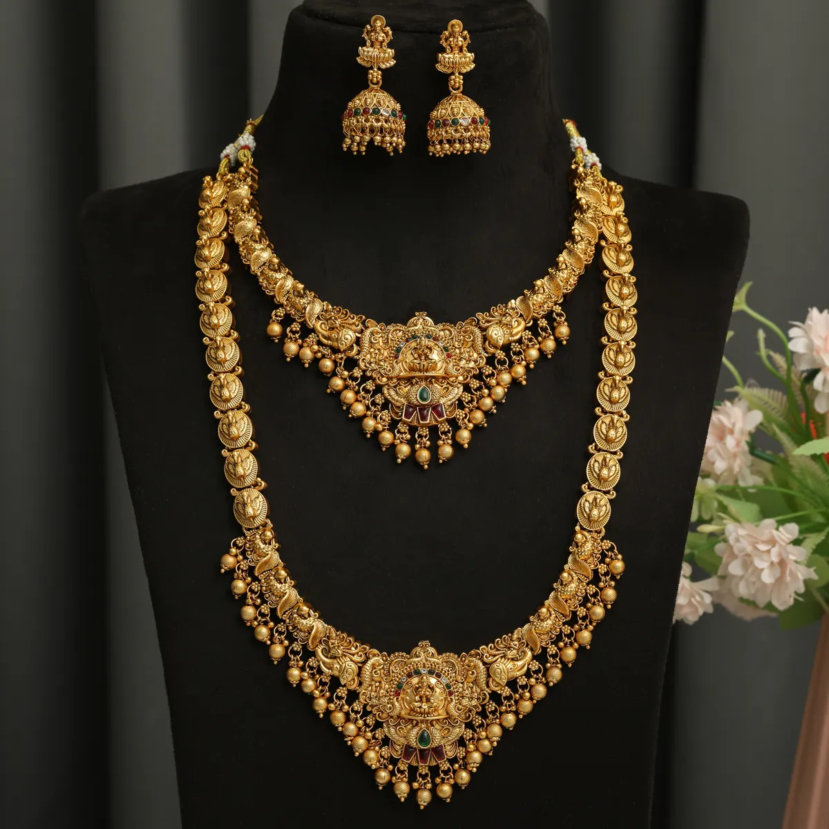 3D Temple Jewellery Combo Set for Women with Layered Haram, Choker Necklace and Jhumka Earrings