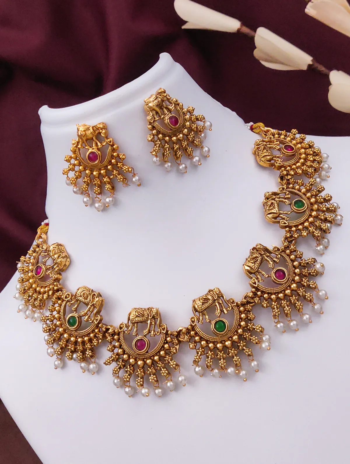 Classic Pearl Gold Plated hathi temple Necklace Set With Earrings For Women