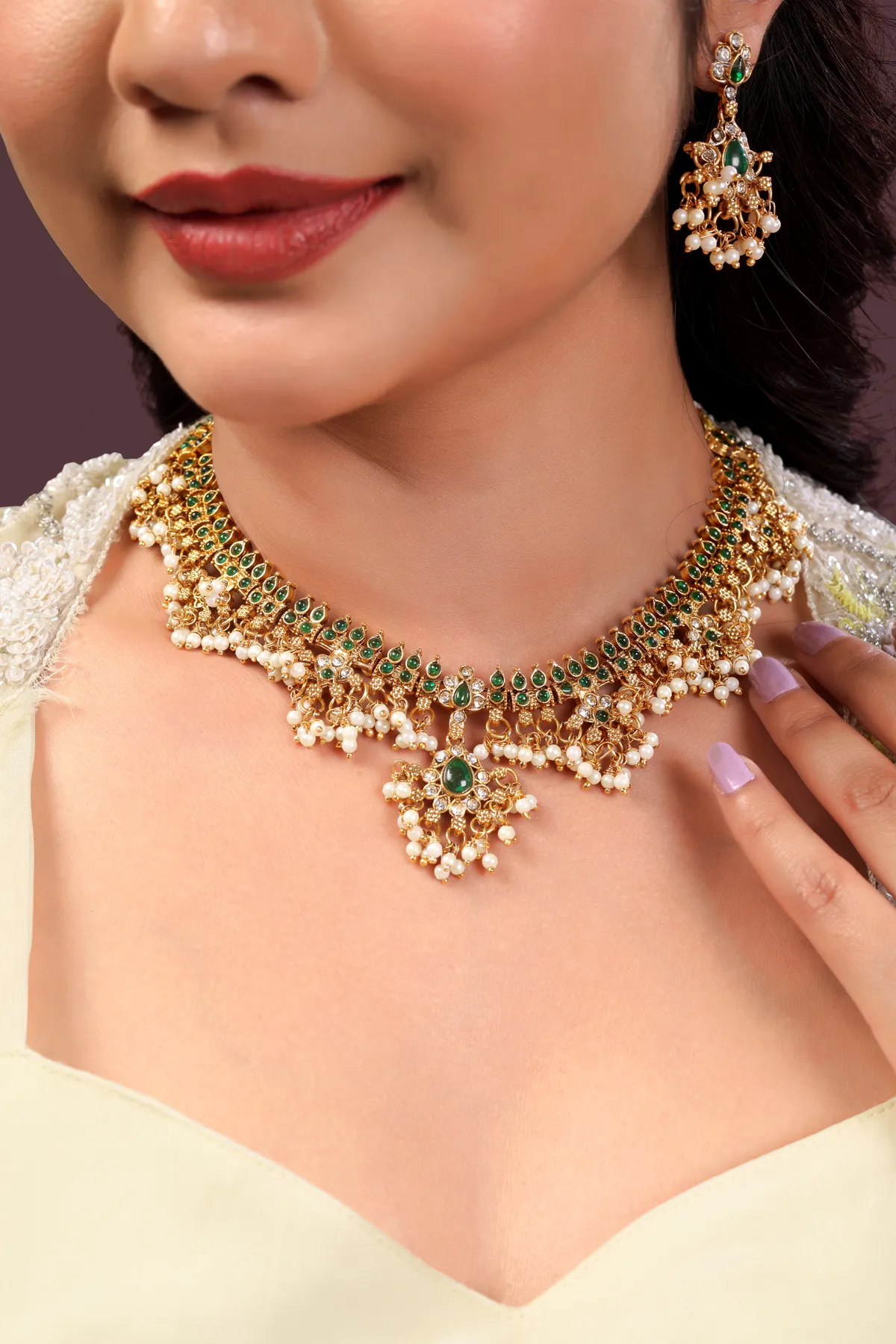 Classic Pearl Gold Plated temple jewellery Necklace Set With Earrings For Women