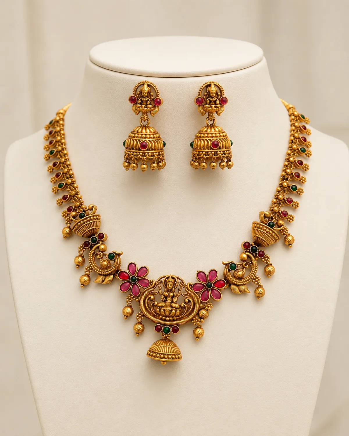 Traditional Gold Temple Necklace Set with Goddess Pendant & Jhumka Earrings