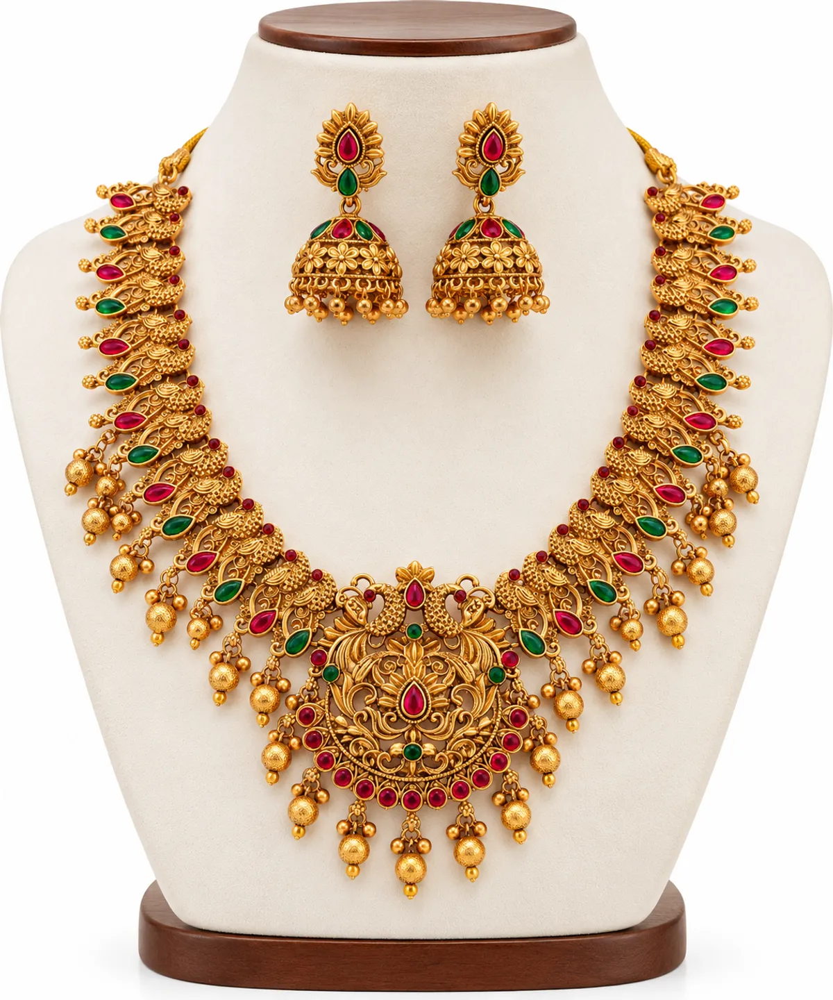 Traditional Temple Necklace Set with Goddess Pendant & Ruby Green Stone Work