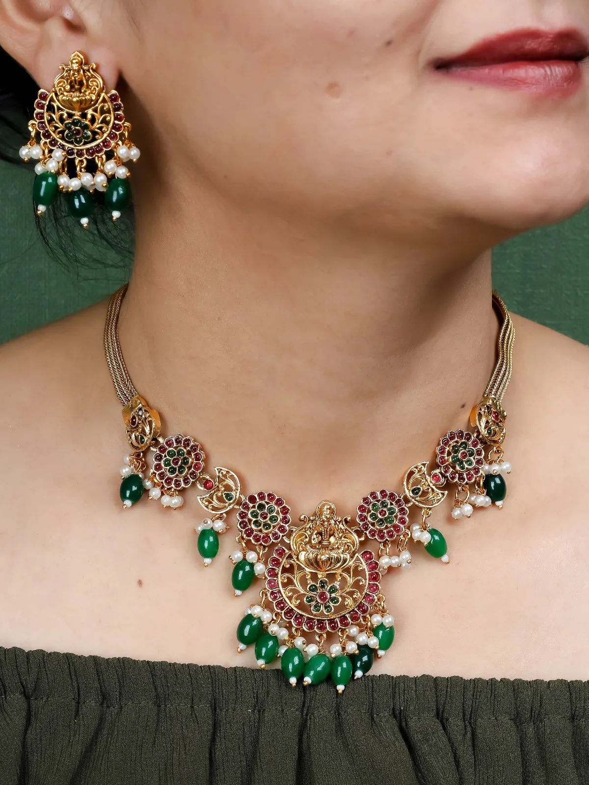 Gold Plated Traditional Temple Choker Necklace Wedding Party Stylish Jewellery Set for Women