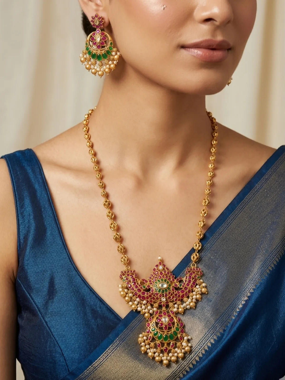 Ethnic South Indian Style Pendent Style Necklace Set For Women.