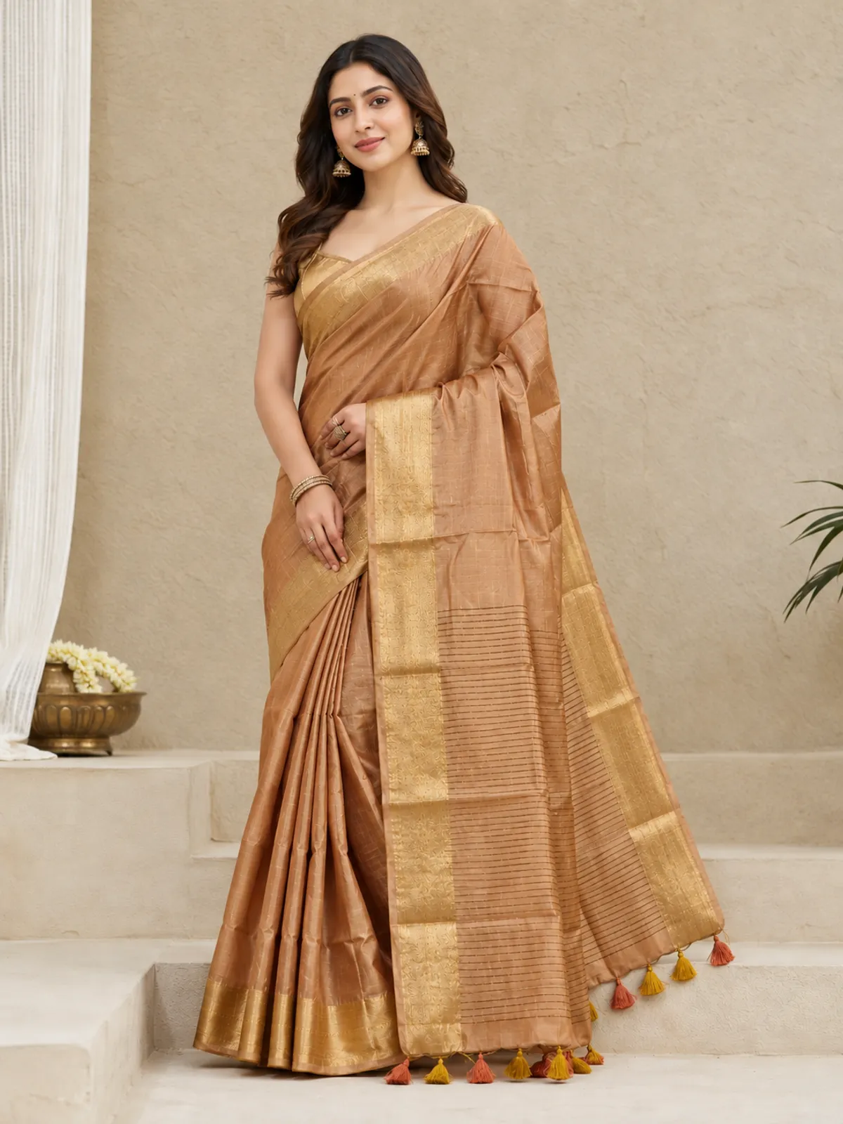 Brown Bhagalpuri Linen Silk Saree With Unstitched Blouse Piece For Women