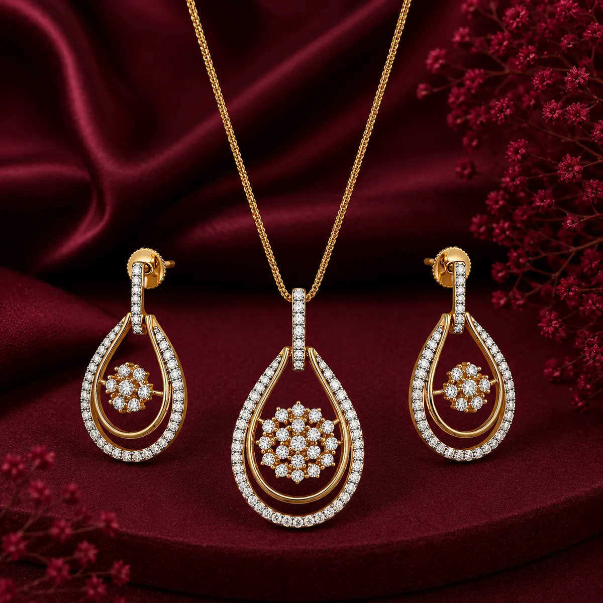REAL DIAMOND LOOKALIKE CZ STUDDED ELEGANT PENDANT SET WITH CHAIN