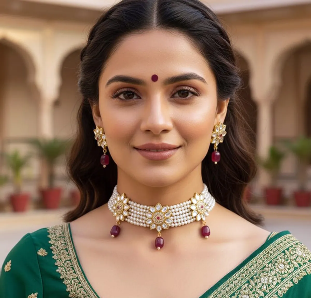 Balaji Gold Multicolour Kundan Pearl Choker Necklace Set With Earrings For Women