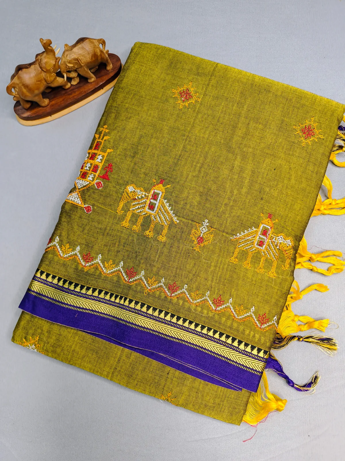 Mehandi Green Kasuti Embroidered Narayanapet Pure Cotton saree