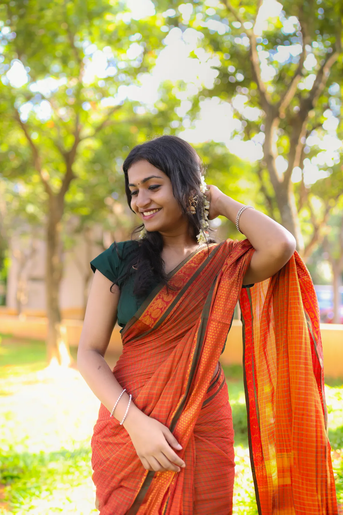VAISHNAVI Orange Checked Pattern Narayanpet Pure Cotton saree