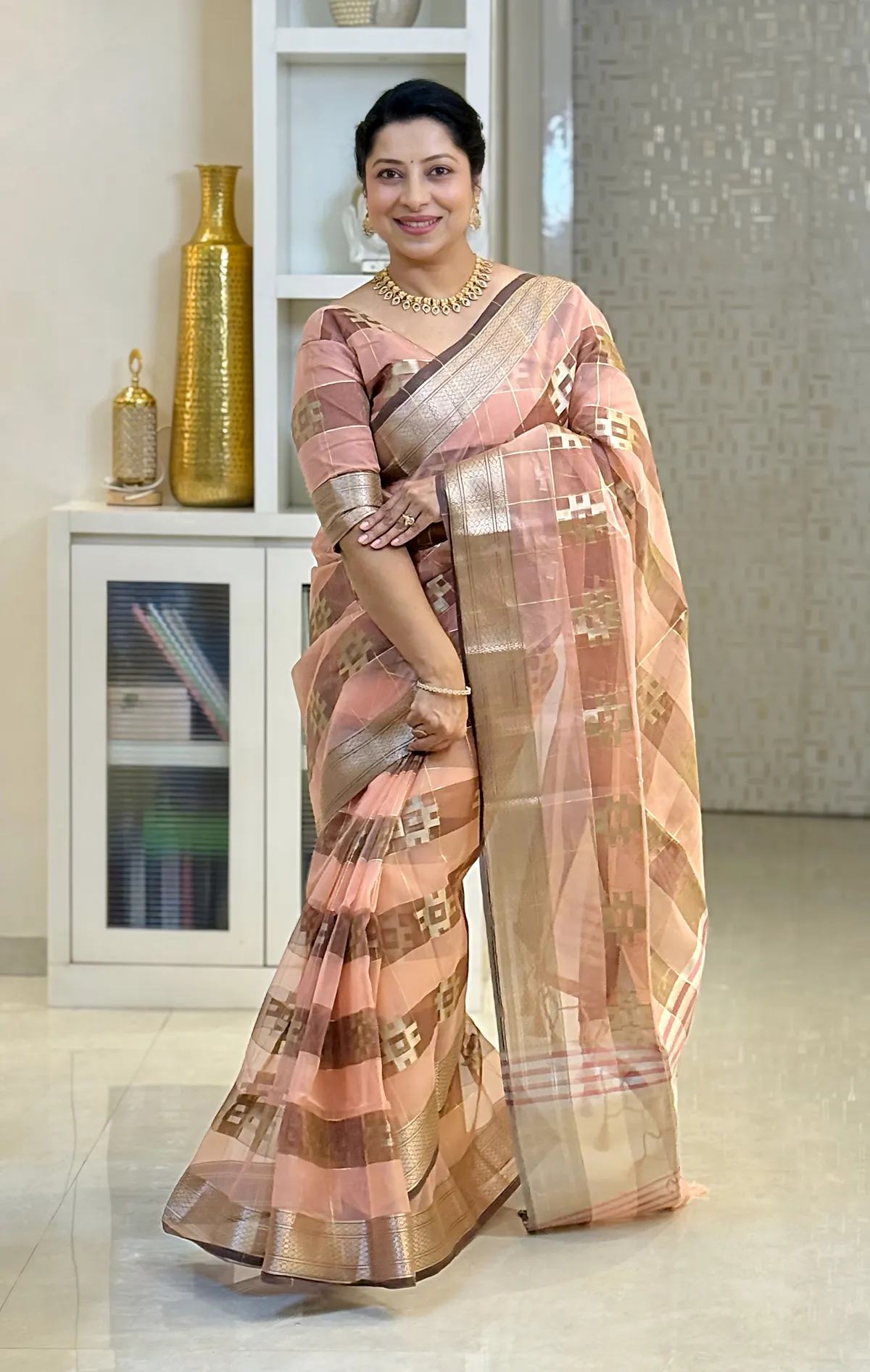 Yatika Peach – Diwali Special | Soft Tissue Silk Saree with Weaving Zari Work, Border & Rich Pallu & Running Blouse with Tassels