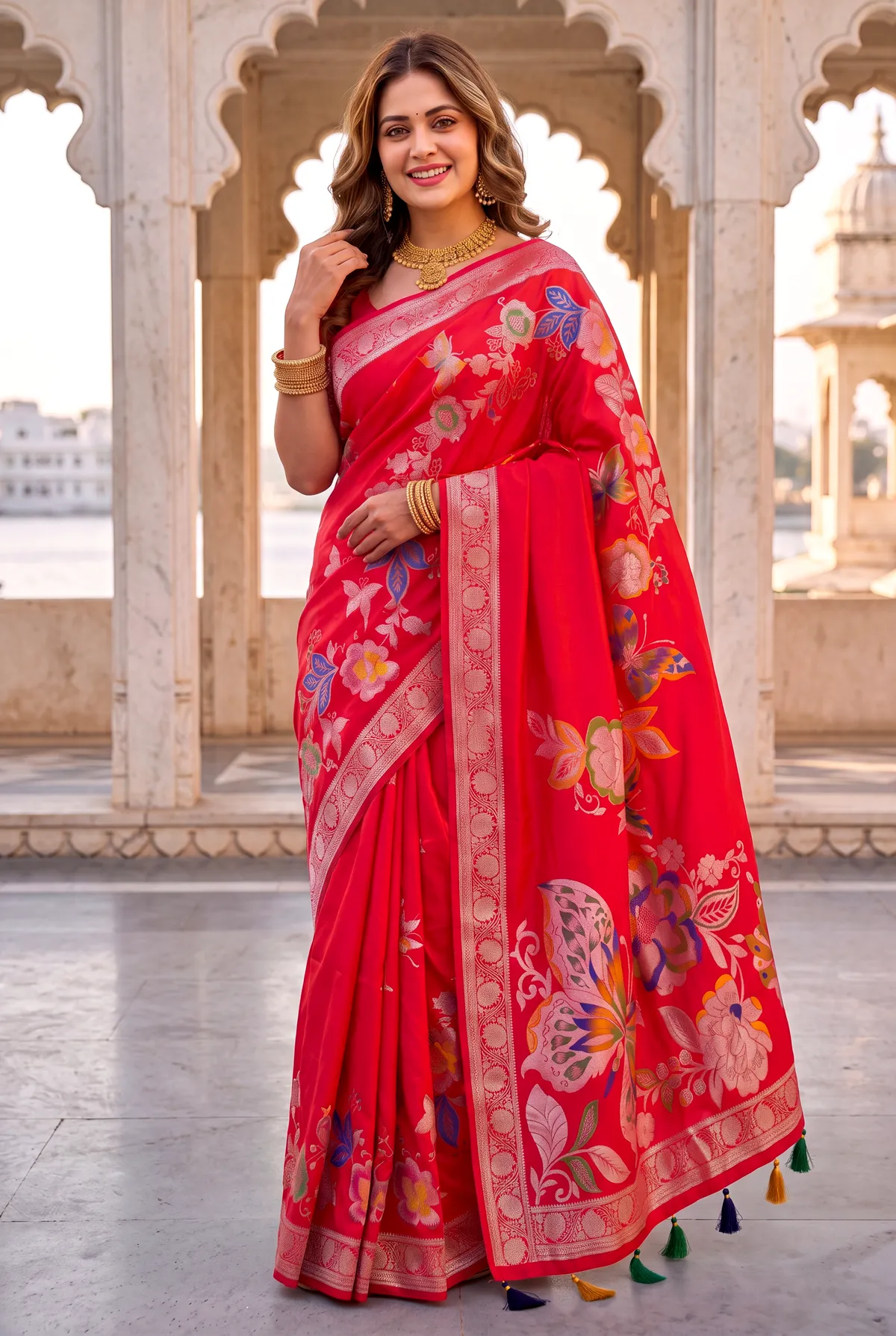 Titli Red – Butterfly Diwali Special | Soft Silk Saree with Woven Zari Work, Butterfly Design Saree & Running Blouse with Tassels