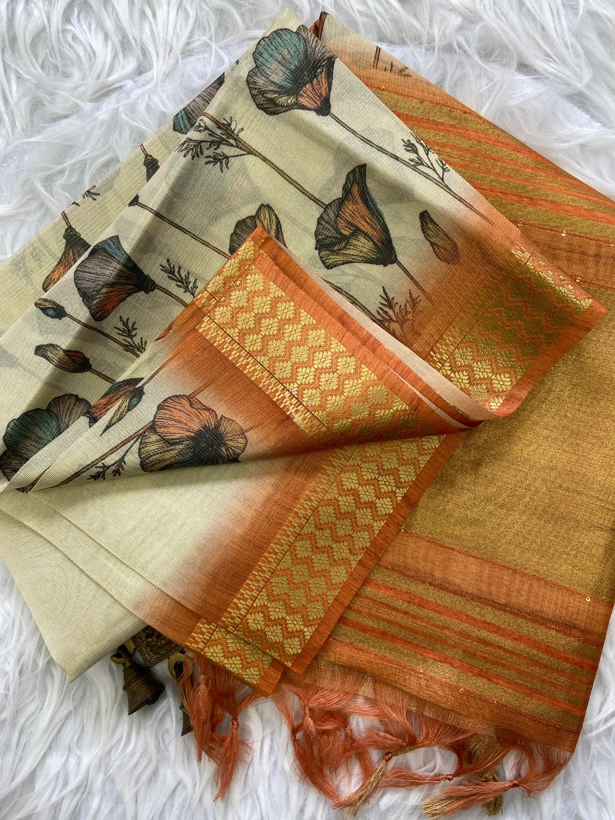 Anvika Orange – Diwali Special | Soft Tissue Silk Saree with Digital Print, Border & Rich Pallu, Sequence & Contrast Print Blouse with Tassels