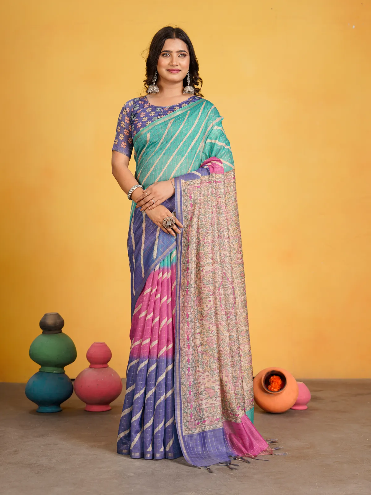 Jemisha Blue & Rama Green – Festive Season Special | Soft Semi Tussar Silk Saree with Digital Print, Border & Contrast Print Blouse with Tassels