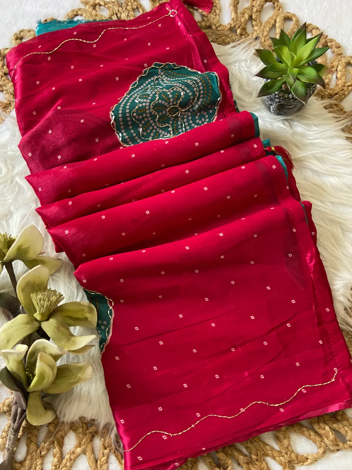Soft Chinon Silk sarees with Beautiful Bandhani Print With Attractive Handwork And Mono Fabric Blouse With Tassels in new styles n new look