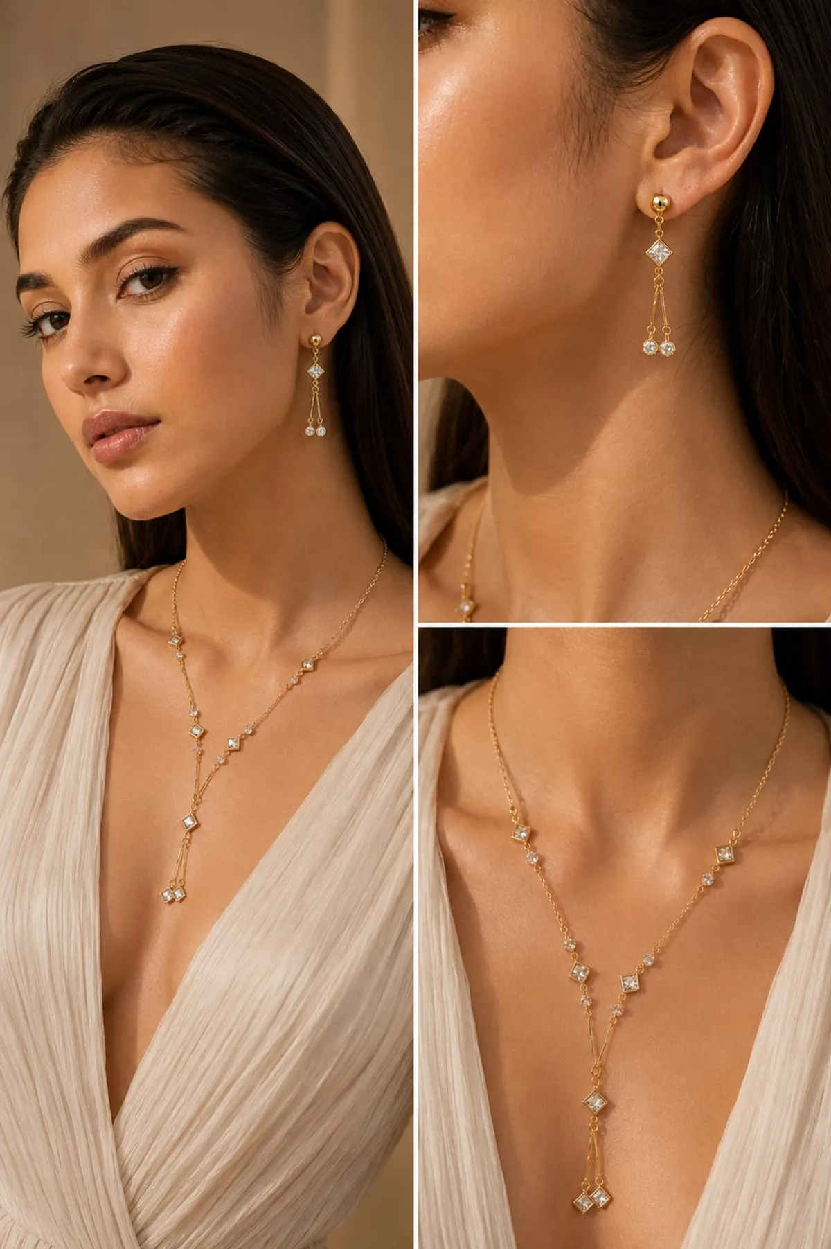 Gold Plated Necklace & Earrings Combo Set for Women | Elegant CZ Stone Long Necklace Set | Party Wear & Festive Jewellery