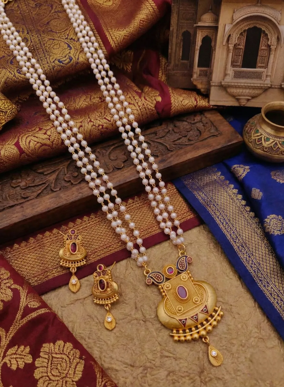 Matte Gold Finish Long Necklace Set with Ruby-Toned Accents