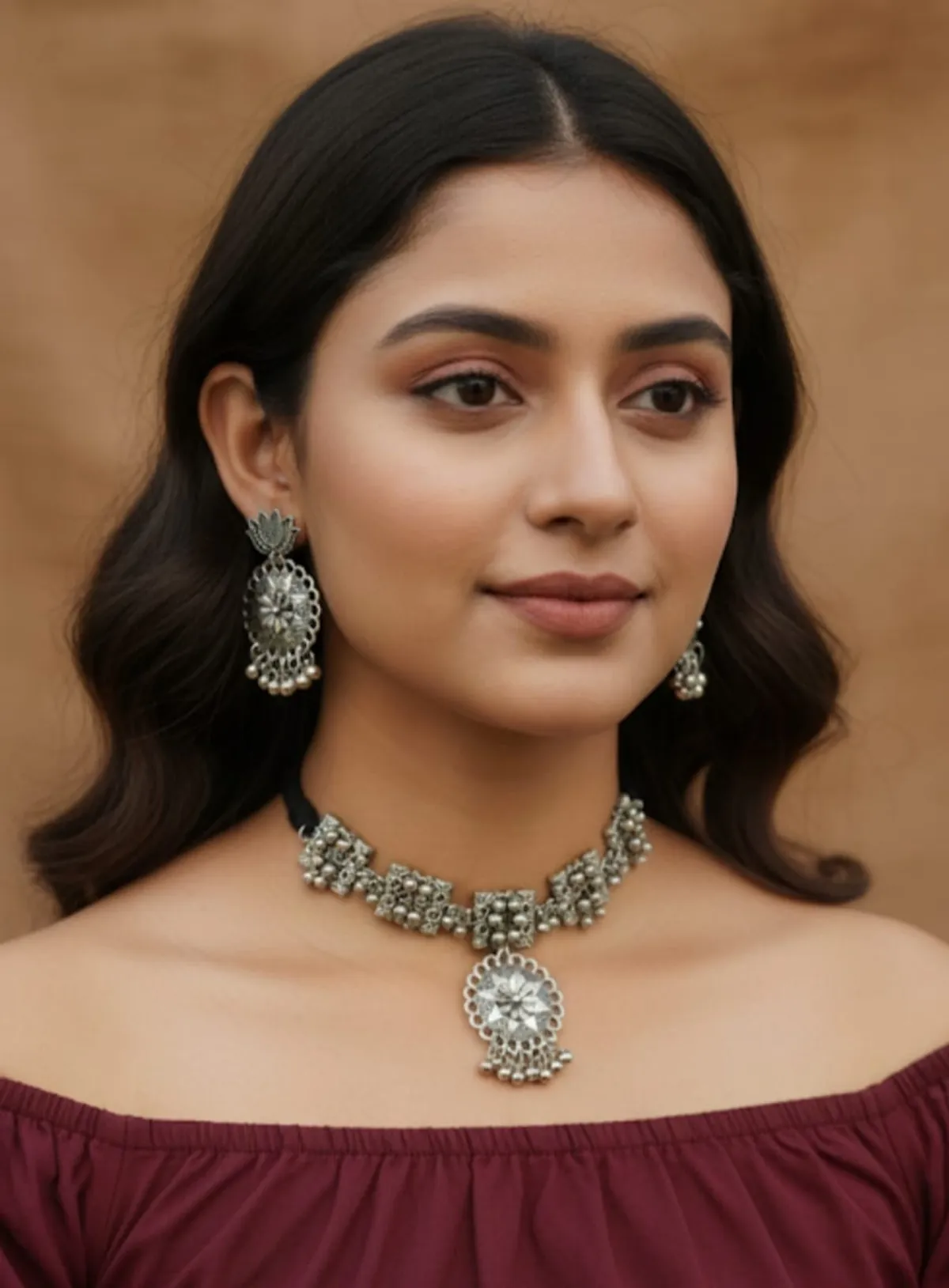 Oxidised Vintage Style Silver Floral Choker Necklace Set with Matching Earrings for Women & Girls