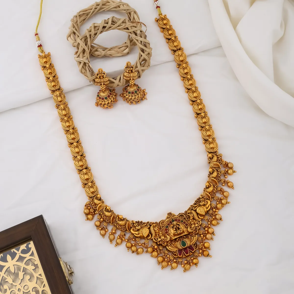 Grisha Jewellery Designer 3D Design Matt Bead Brass Gold Plated Matte Long Haram Necklace Jewellery Set For Women And Girls
