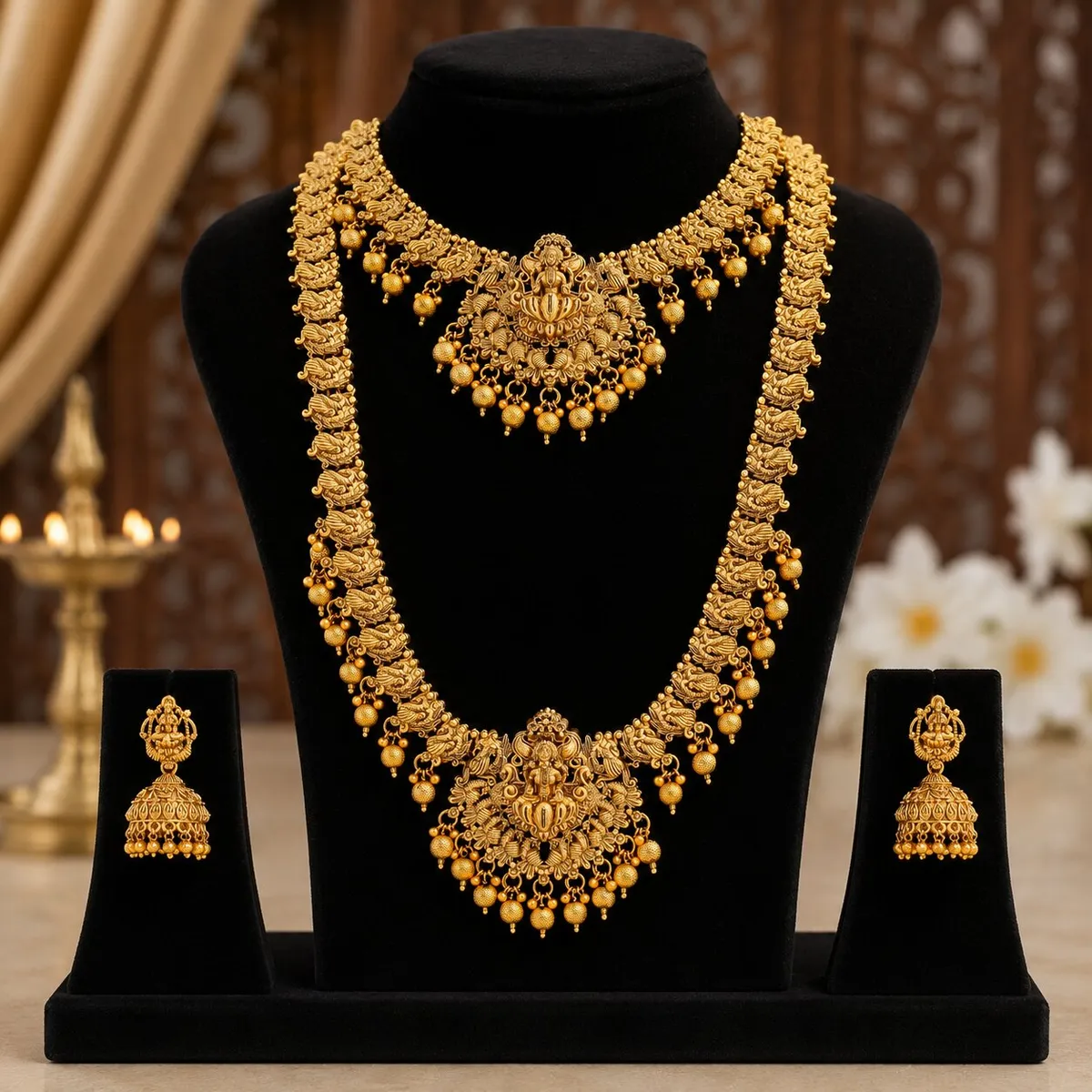 Grisha Jewellery Lakshmi Design Matt Bead Brass Gold Plated Long Haram And Short Necklace Combo Jewellery Set For Women And Girls