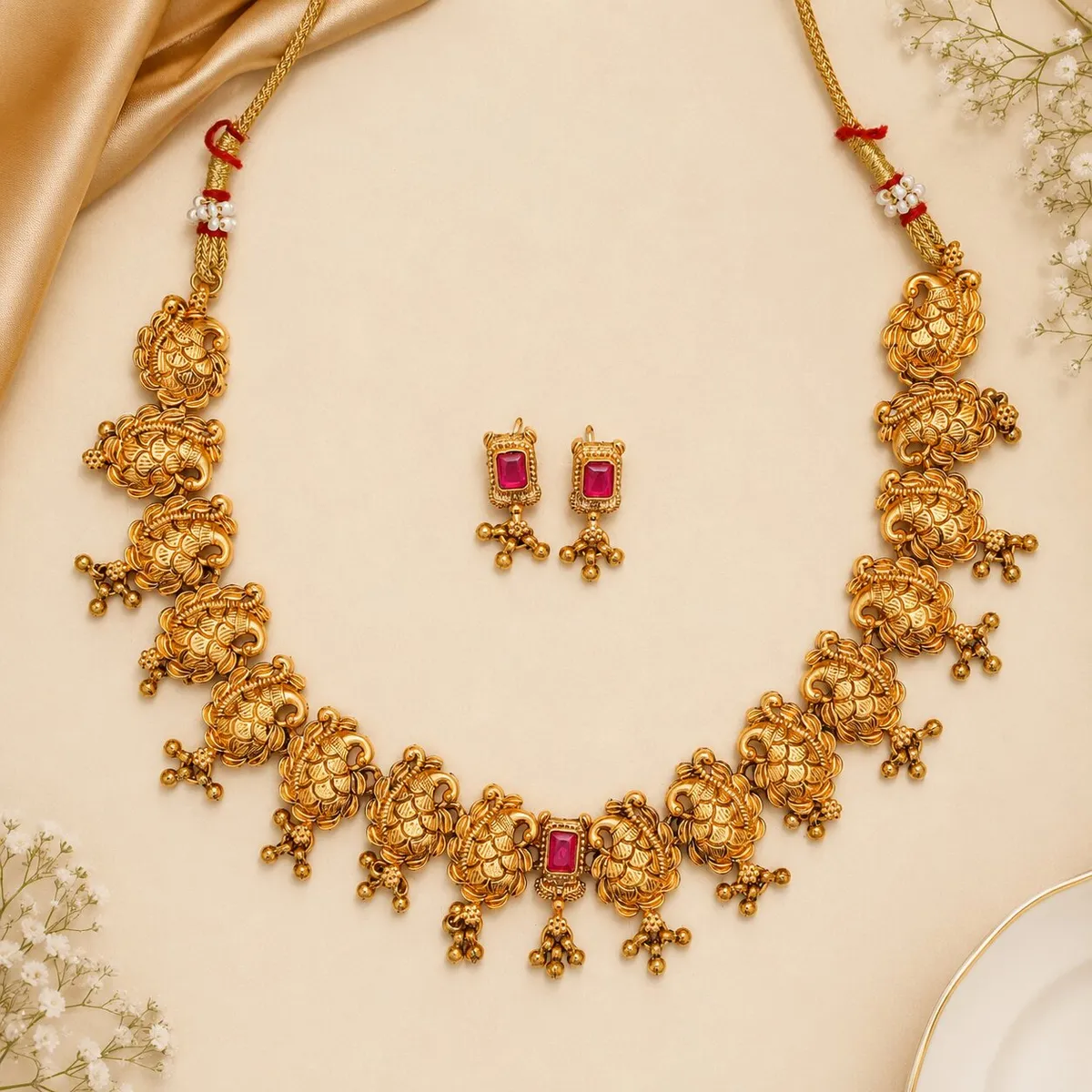 Grisha Jewellery Latest Duck Design Golden Bead Brass Gold Plated Matte Necklace Choker Set For Women And Girls