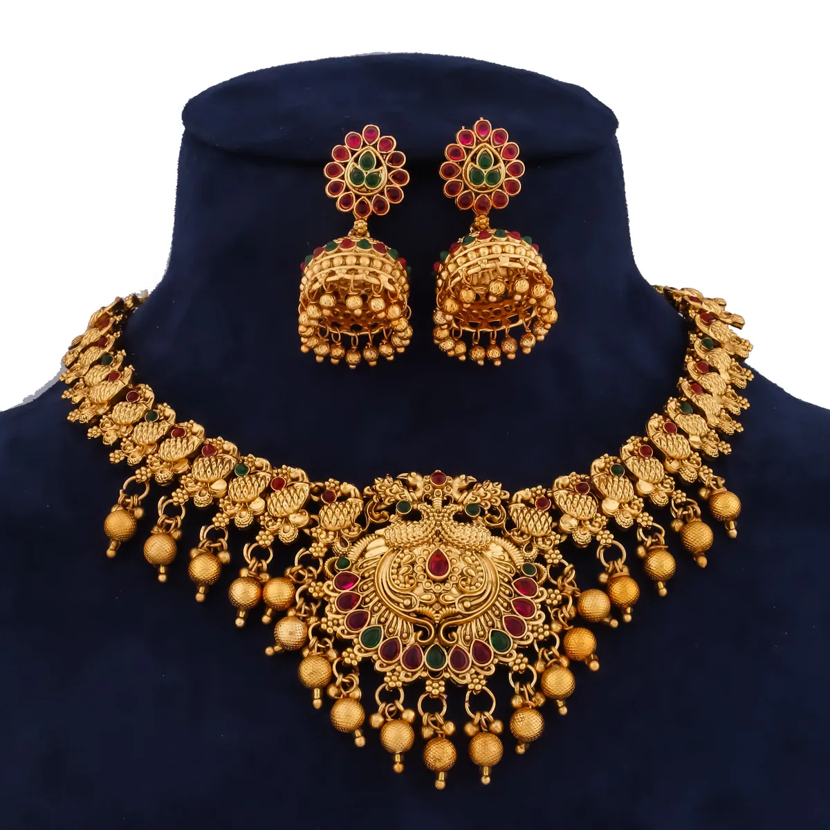 Grisha Jewellery Latest Peacock Design Matt Bead Brass Gold Plated Matte Short Necklace Jewellery Set For Women And Girls