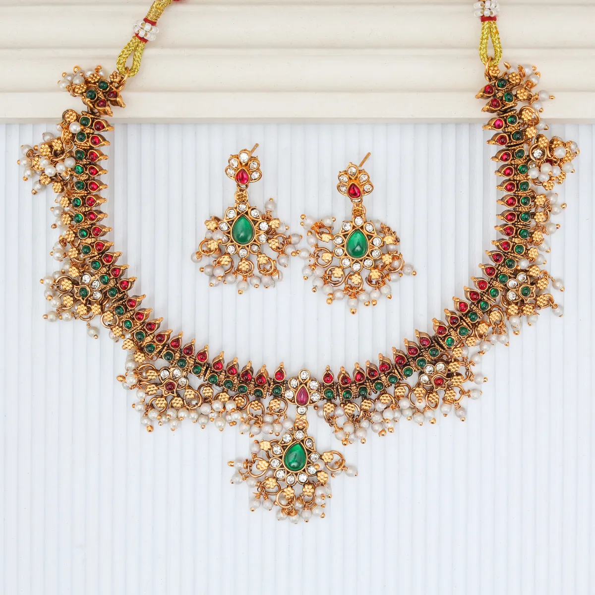 Trendy Design Guttapusallu Multicolor Stone Gold Plated Matte Necklace Jewelry Set For Women And Girls