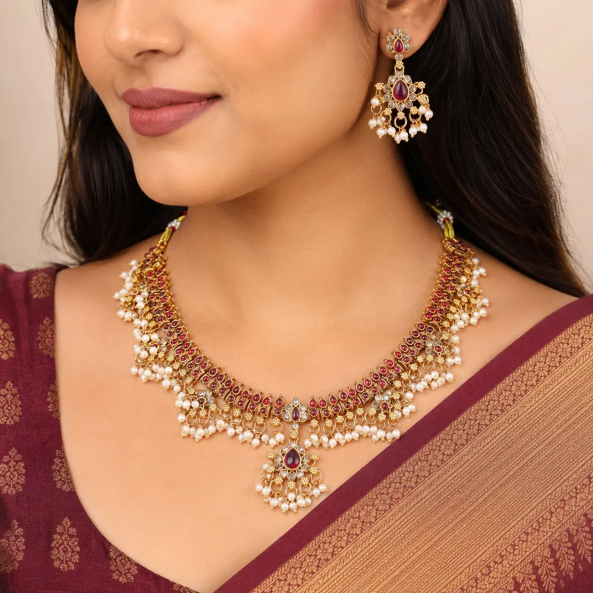 Trendy Design Guttapusallu Red Stone Gold Plated Matte Necklace Jewelry Set For Women And Girls