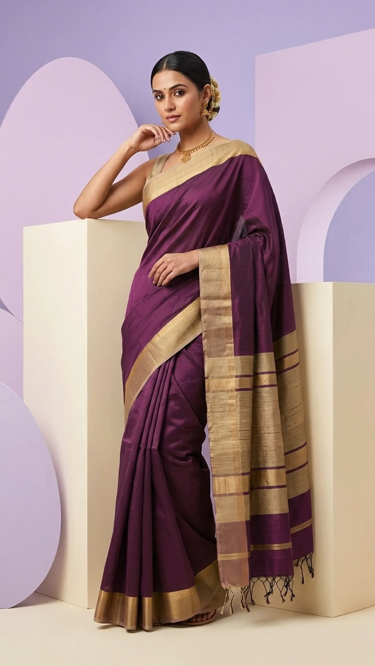 Tussar Cotton Silk Bhagalpuri Saree with Designed Border for women's (Eggplant Purple)