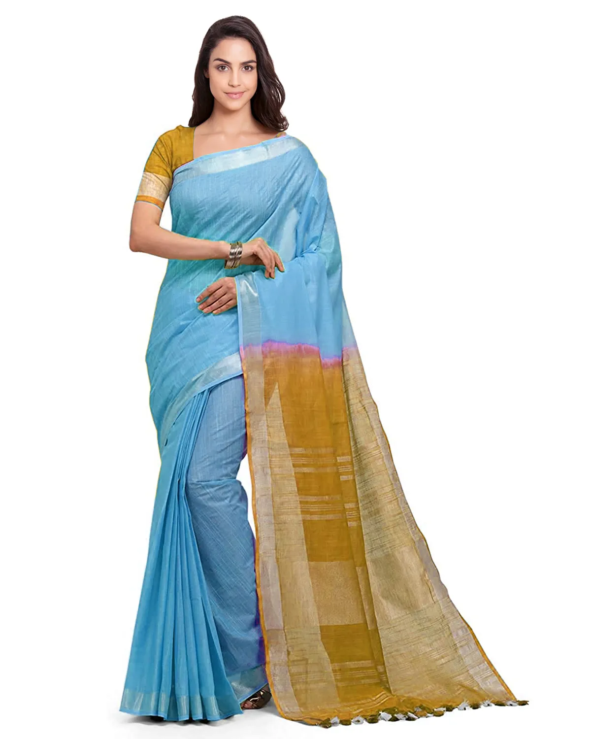Cyan & Golden Brown women's Bhagalpuri Handloom Pure Cotton Two Dye Saree With Running Unstitched Blouse Piece