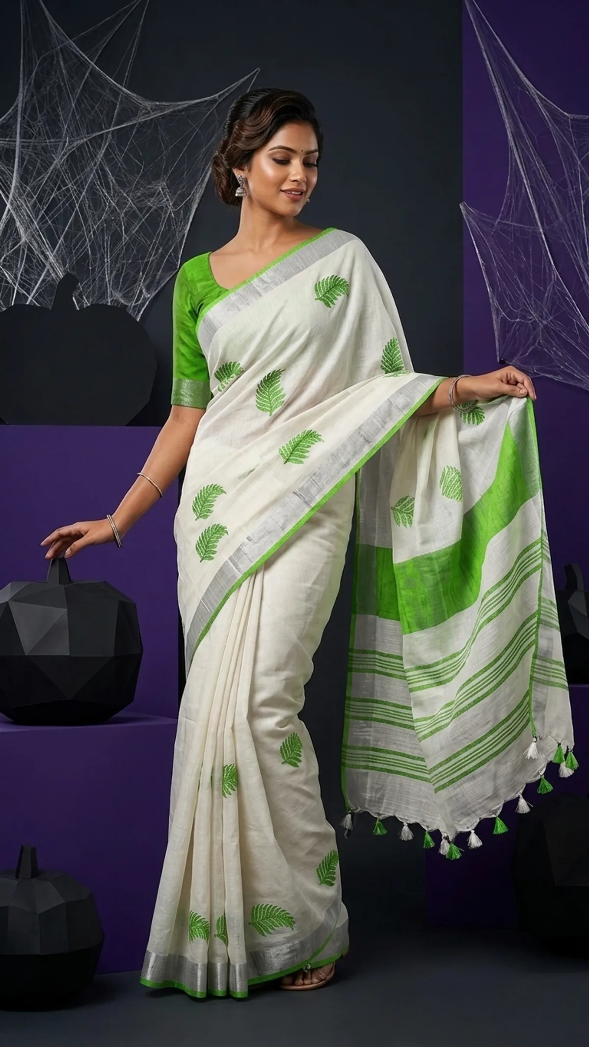 Handwoven Bhagalpuri Linen Blend Embroidered Saree With Contrast Blouse Piece(White_Parrot Green)