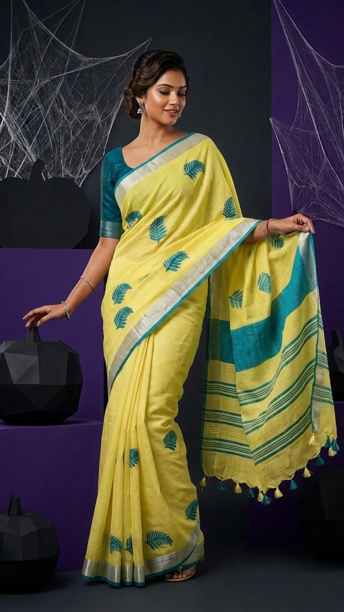 Handwoven Bhagalpuri Linen Blend Embroidered Saree With Contrast Blouse Piece(Yellow_Cyan)