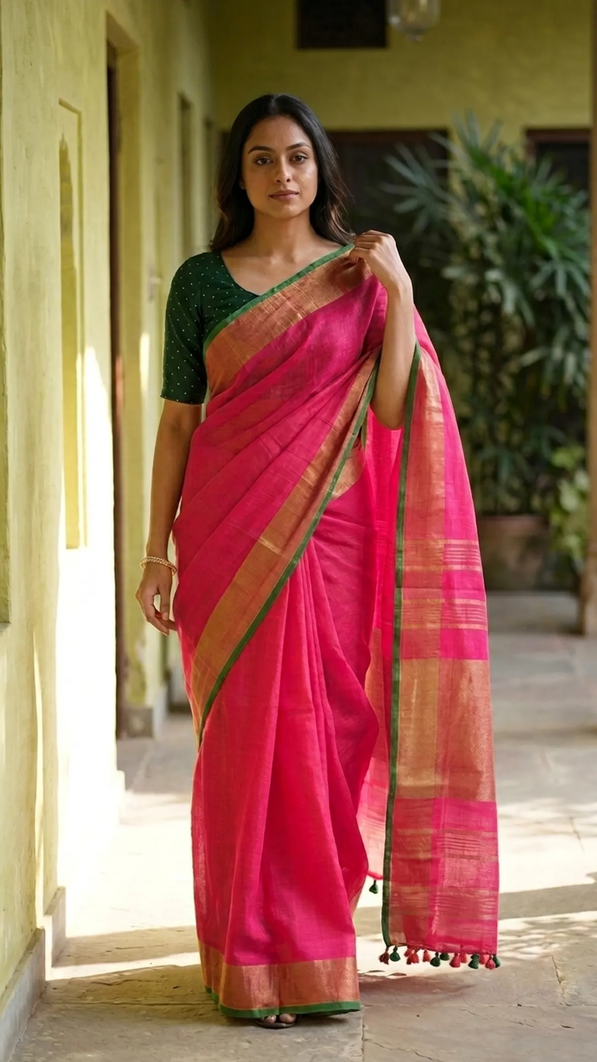 Handloom Bhagalpuri Linen Cotton Blend Contrast Border Saree for Women (12625 Gold-Glaire_Pink-Dark_Green)