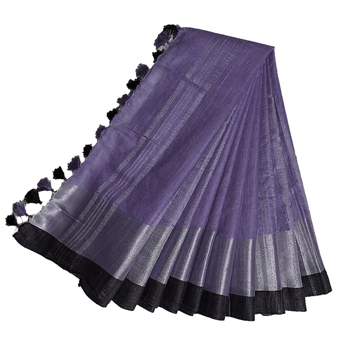 Bhagalpuri Handloom Linen Slub Blend Saree With Black Pipin Contrast Blouse Piece