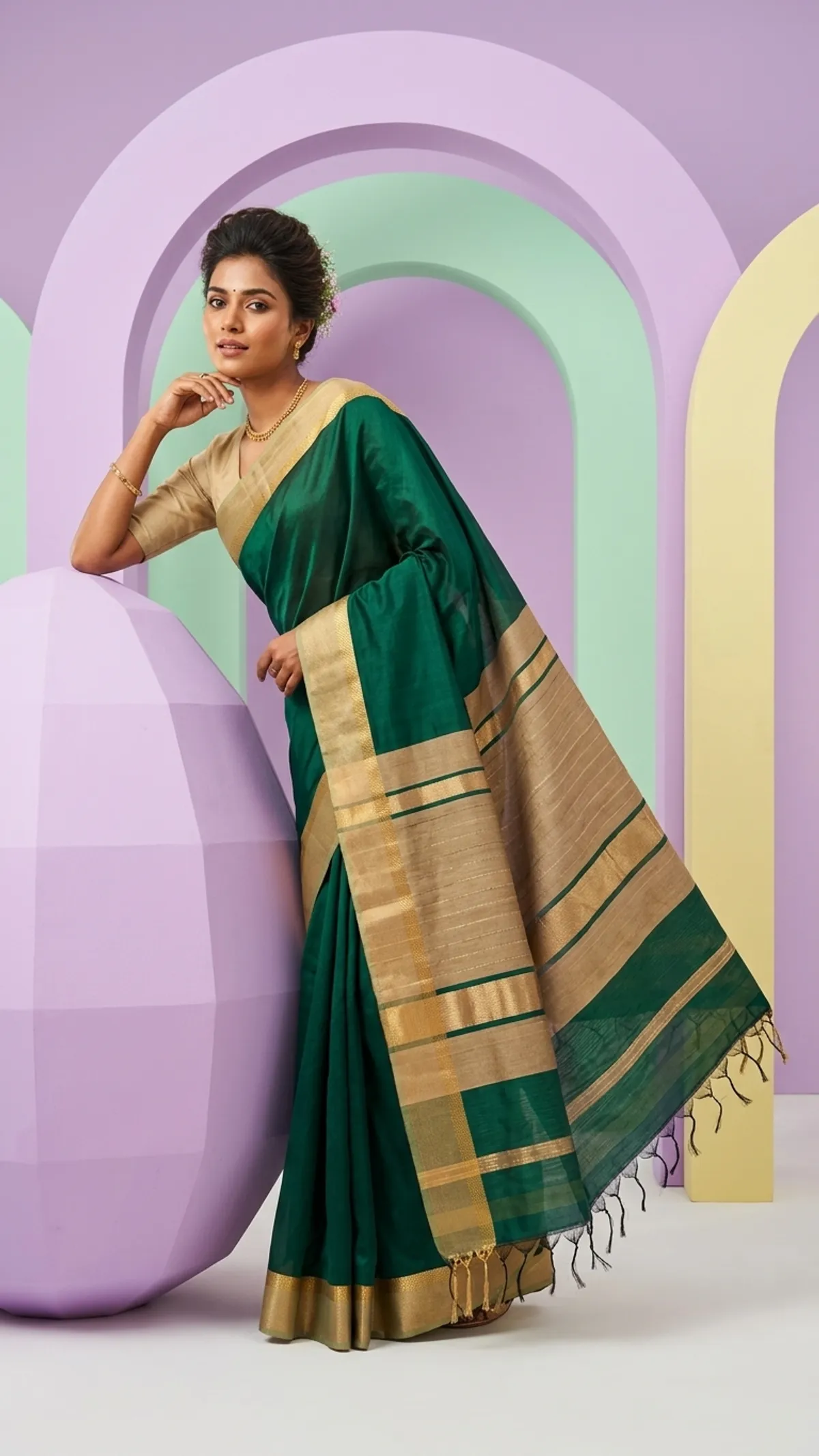 Bhagalpuri Cotton Tussar Silk Saree with Designed Border (Midnight Green)