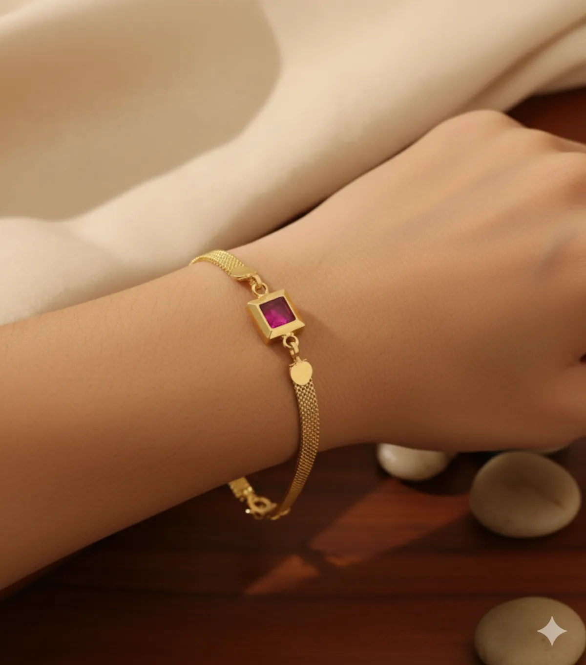 Designer High Gold Plated Ruby Stone Mesh Chain Bracelet