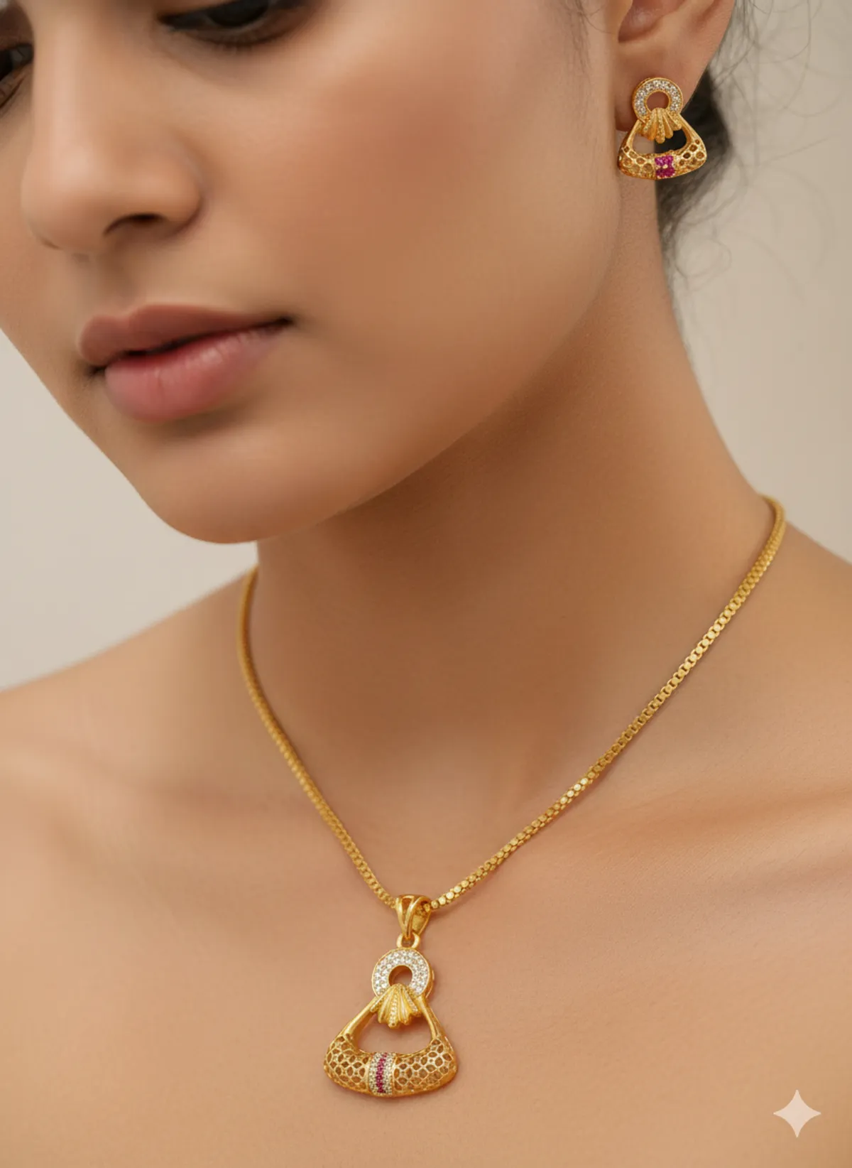 Golden Aura Ruby Charm Pendant Set – Elegant Daily Wear Necklace & Earrings