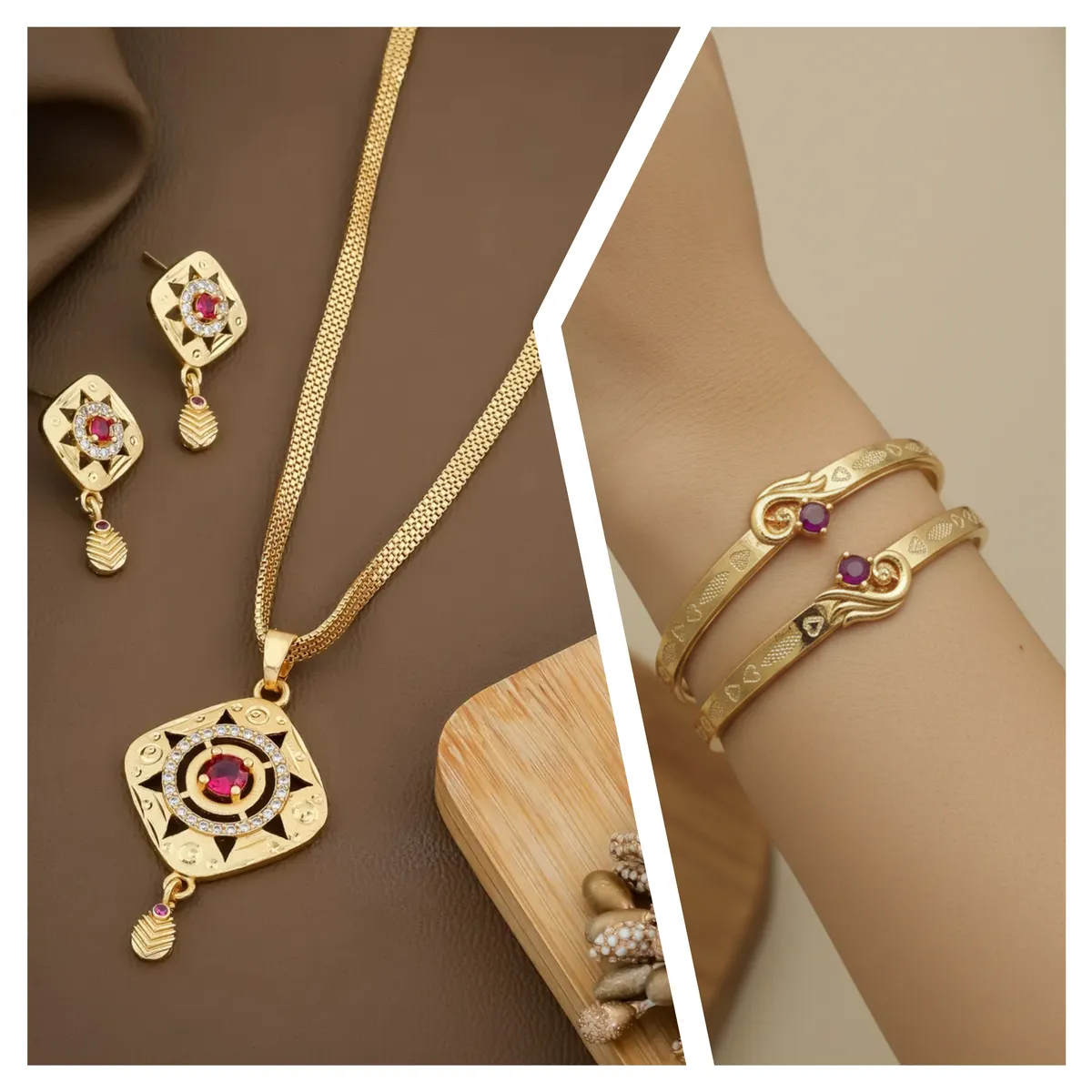 Micro Gold Plated And Diamond Square Pendant Set with Flower Adjustable Kadli Bangle