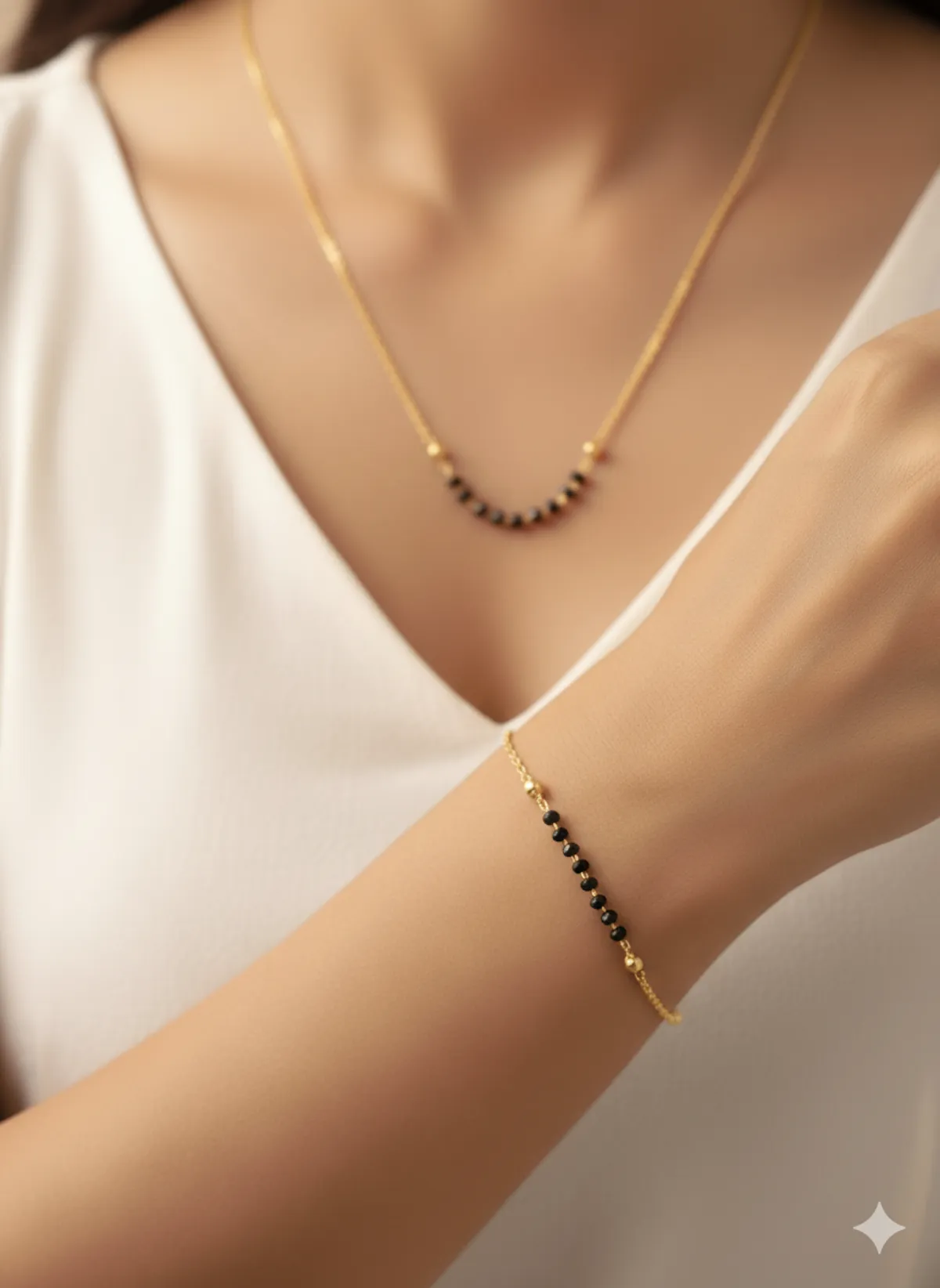 Micro gold plated daily wear delecate black pearl mangalsutra with hand ms