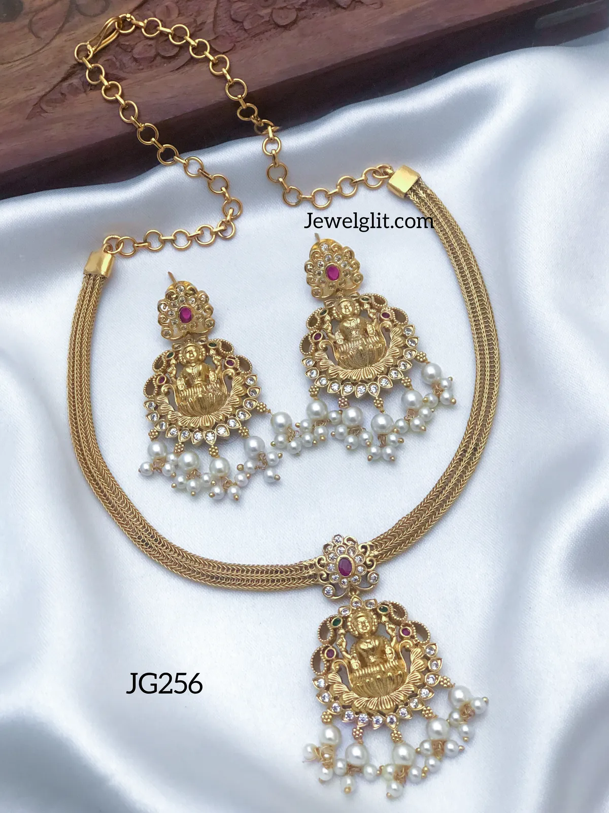 Temple Lakshmi AD Stone Pearl Necklace With Earring.