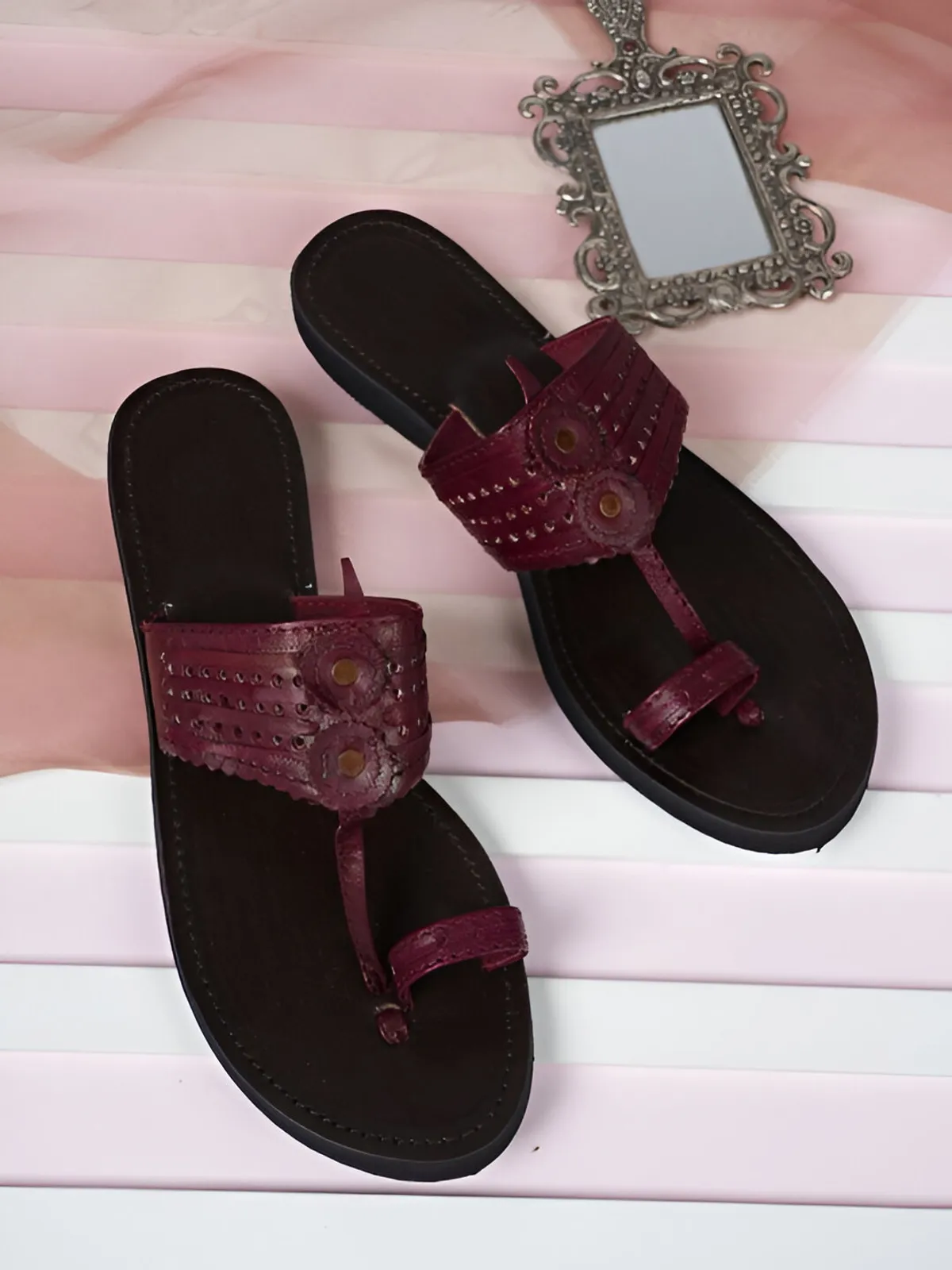 Maroon Leather  Handicraft Self Design Kolhapuri Sandal For Women