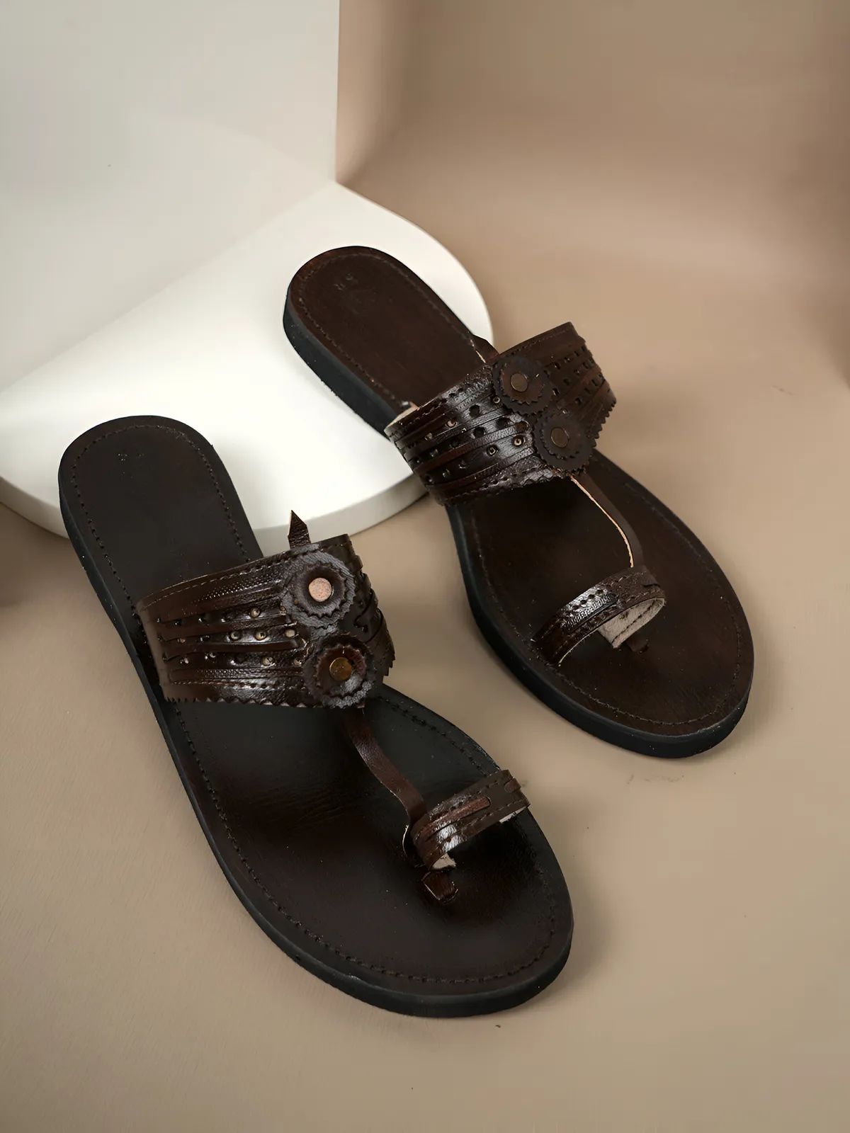 Royal Brown Leather  Handicraft Self Design Kolhapuri Sandal For Women