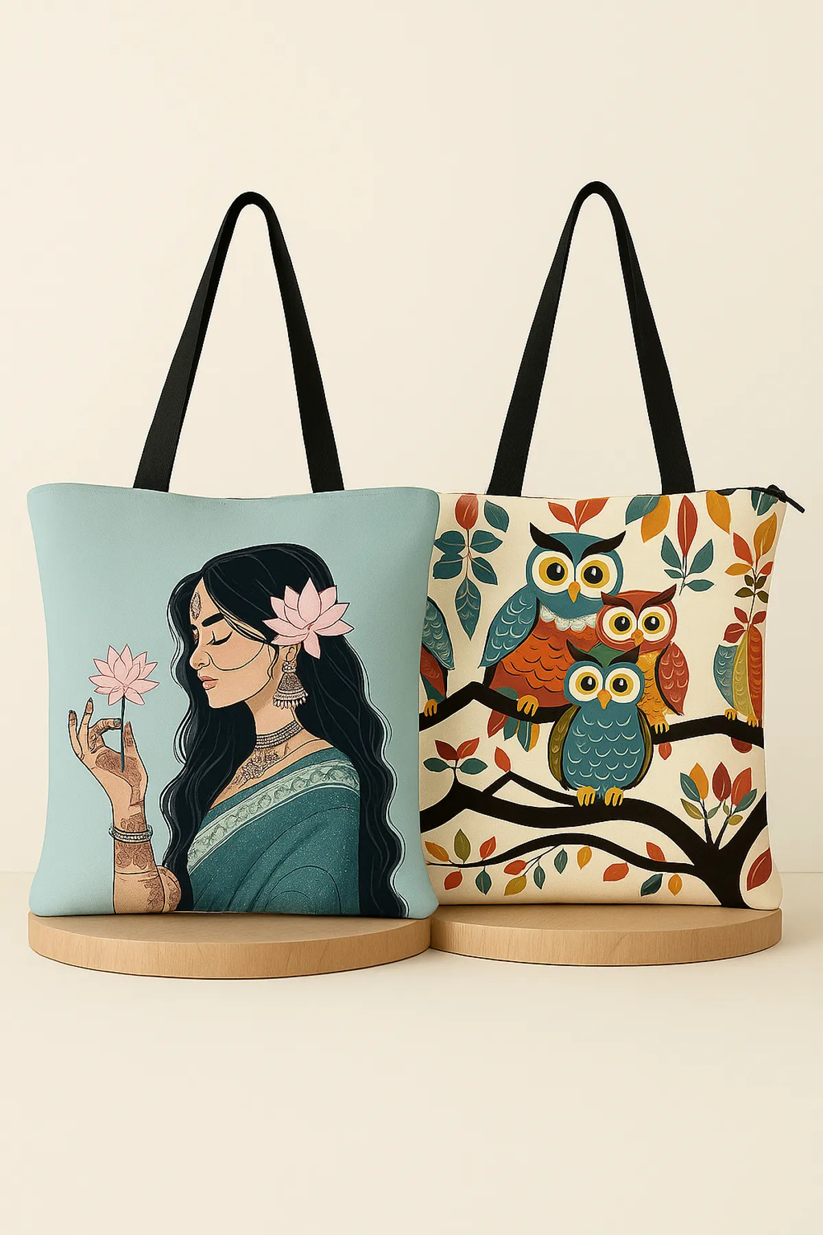 Lady Love & Owl Family Zipper Tote Bag Combo | Premium Canvas Printed Tote Bags for Women