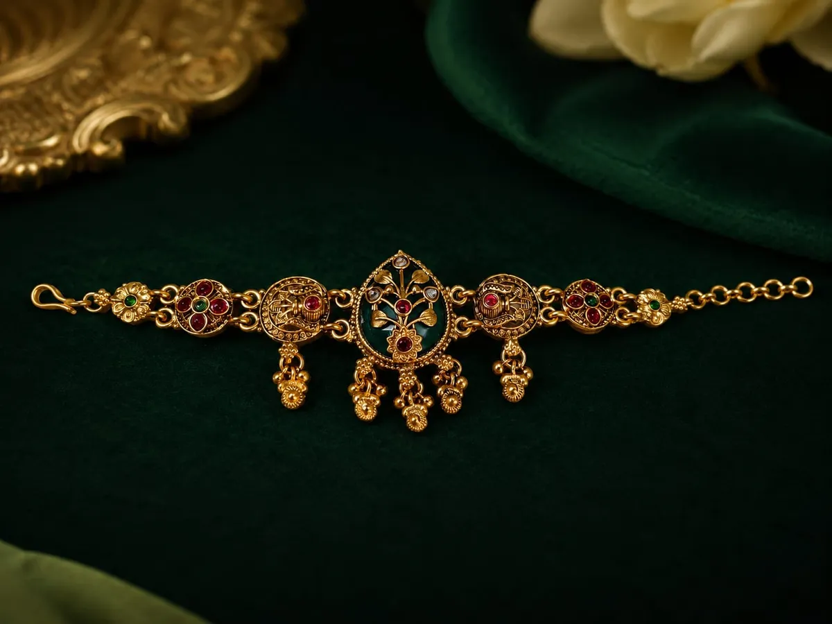Traditional Gold-Tone Green & Red Stone Bracelet