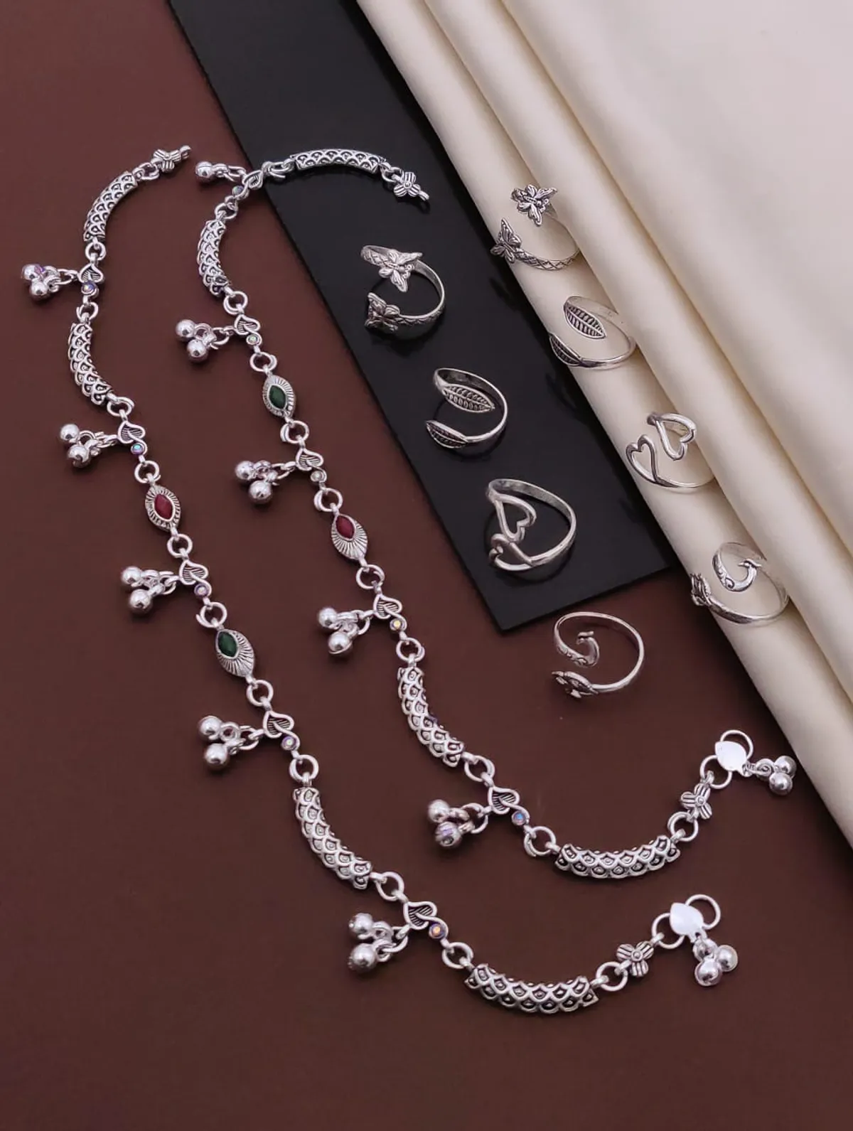 Silver-Plated 2 Anklet & 8 Ring Combo Set for Women & Girls