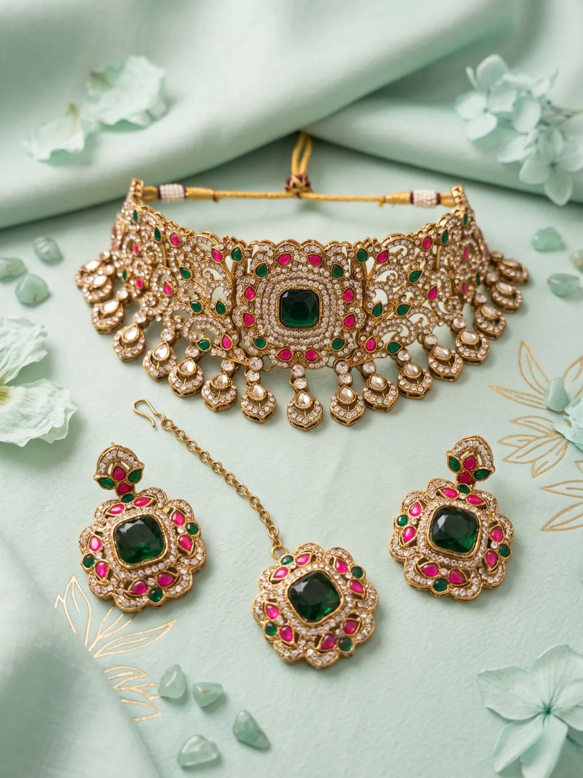 Antique Gold-Plated Choker Set with Emerald Green & Hot Pink Kundan
