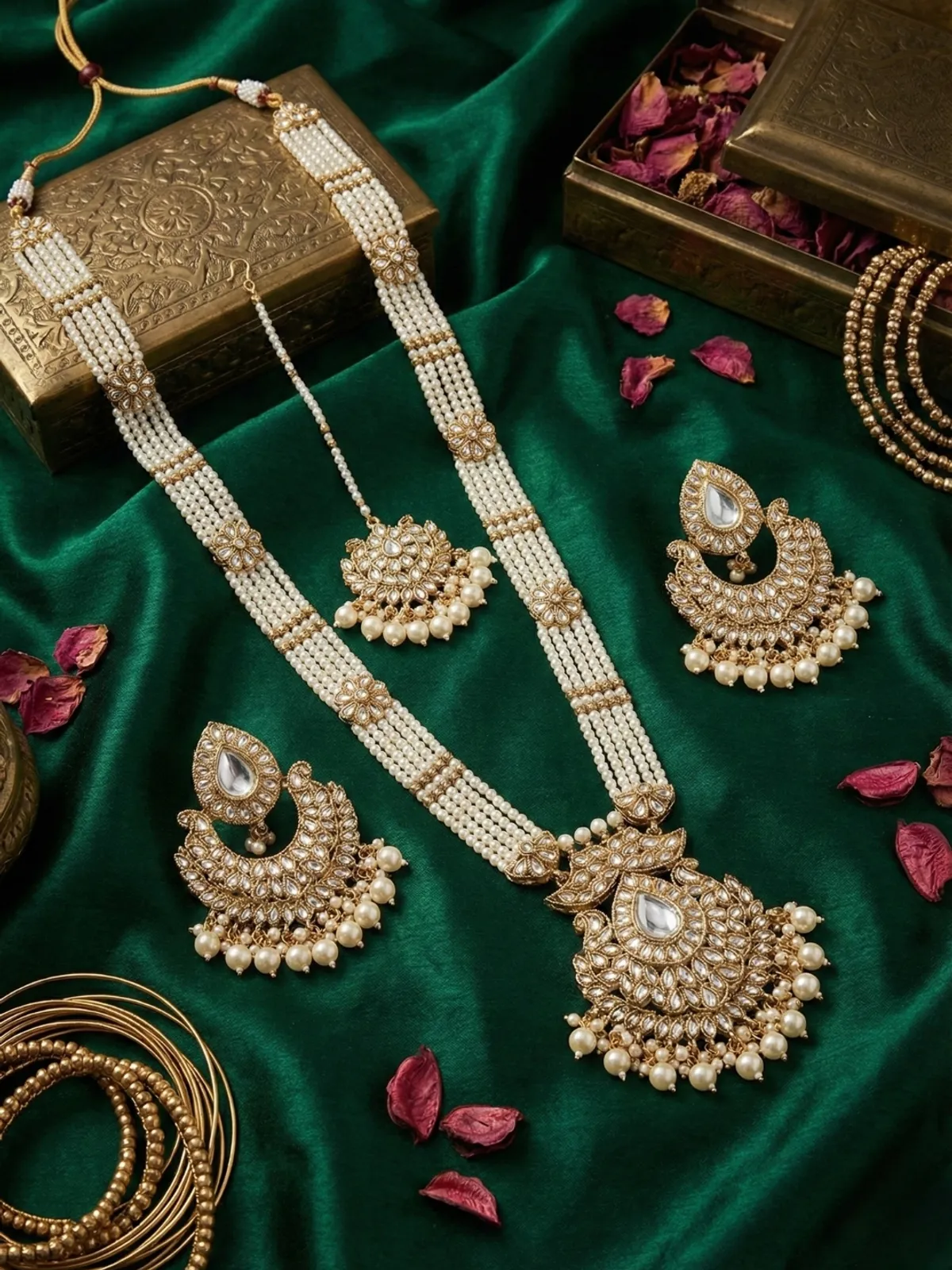 White Traditional Long Ranihaar Necklace Set Maang Tikka And Earrings