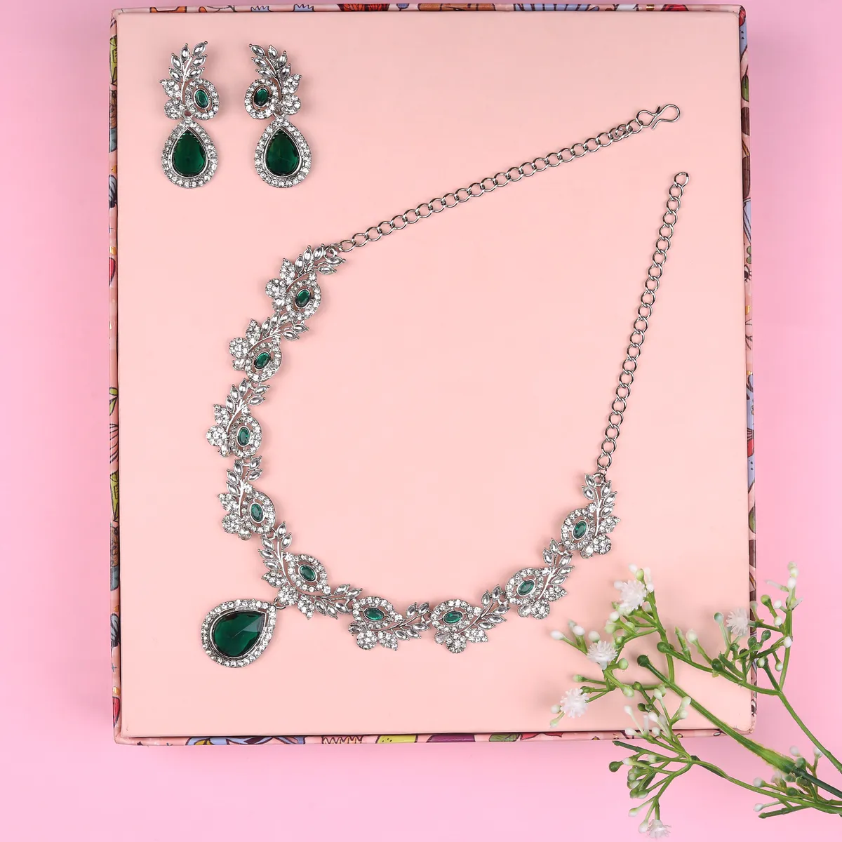 Silver Green Rhinestone Link Necklace And Earrings Set Teardrop Pendant Fashion Jewellery For Women