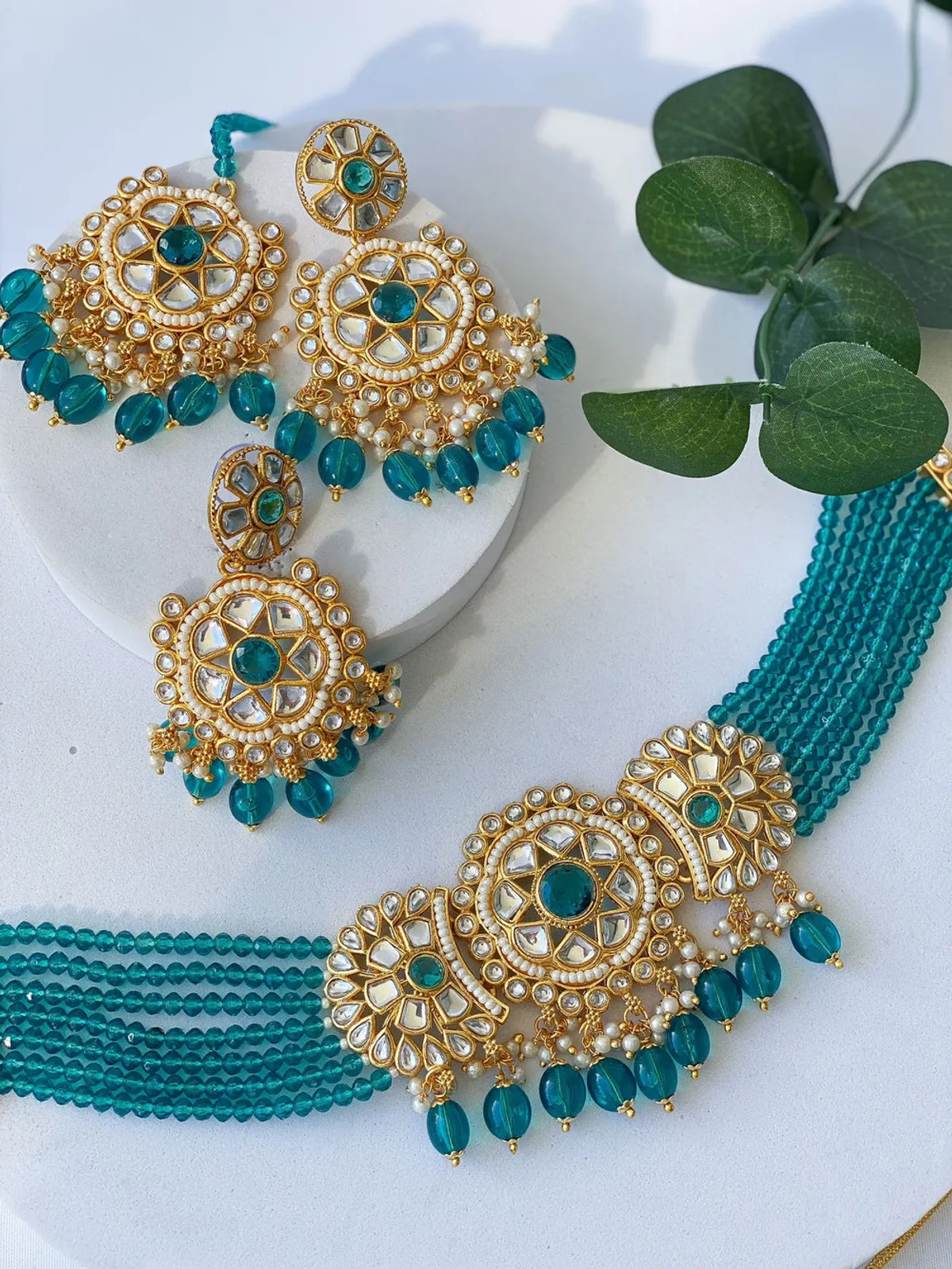 Aqua Green Regal Radiance Beaded Kundan Choker Set With Earrings And Tika