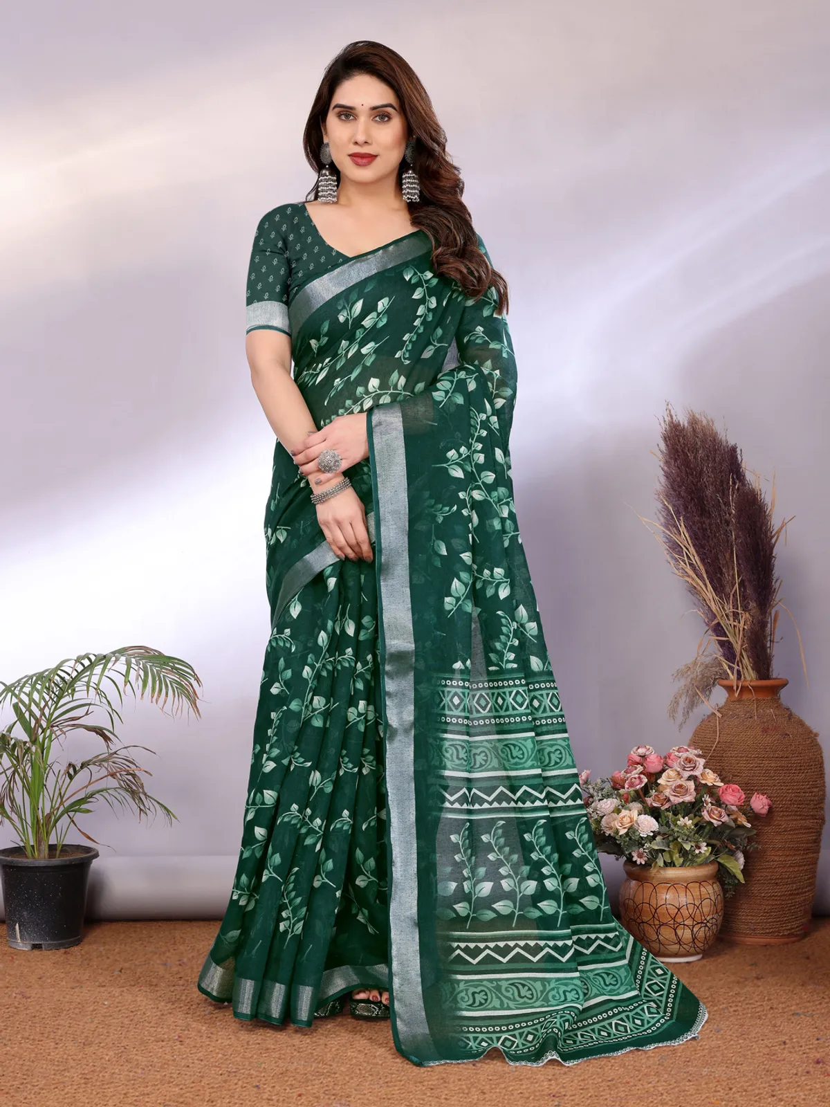 Trending Green Design Floral Linen Saree For Women