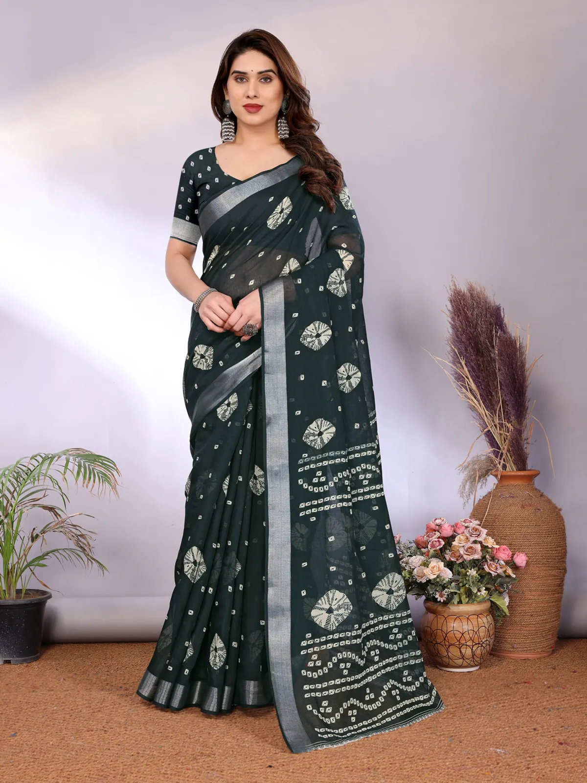Trending Green Design Bandhani Linen Saree For Women